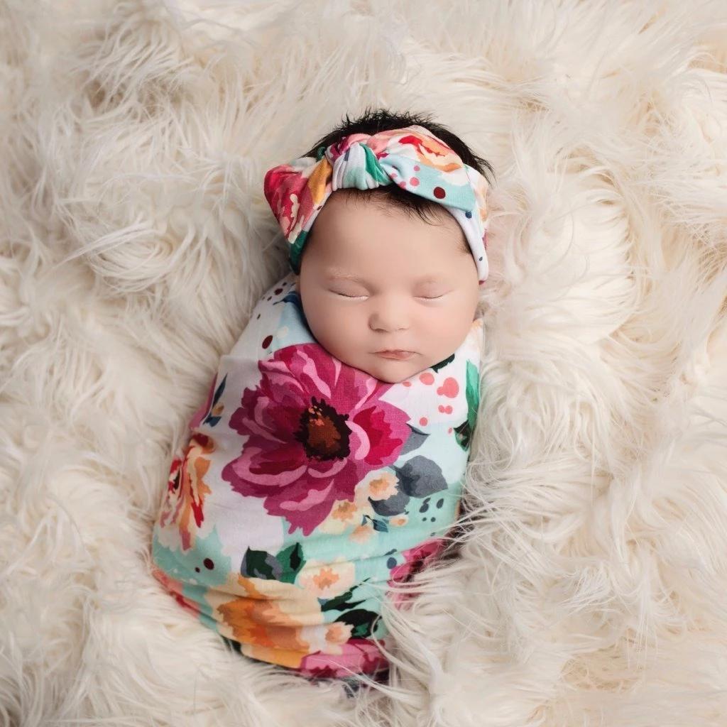 Flower Print Baby Blanket Headband Set