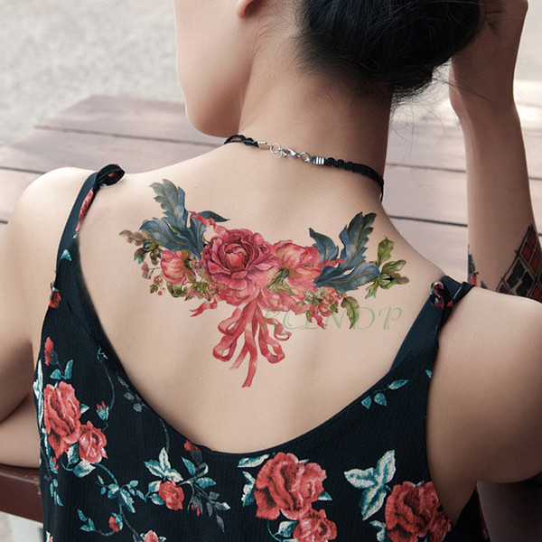 waterproof temporary tattoo sticker peony flower leaf tattoos big art bow fake tatto flash tatoo on chest for girl women men