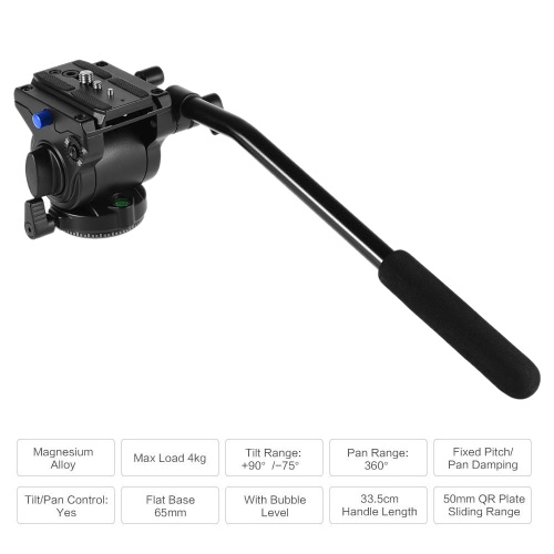 Professional Photography Video 65mm Base Diameter Fluid Drag Tilt Hydraulic Damping Head with Quick Release Plate for DSLR Camera Tripod Monopod Slider Rail