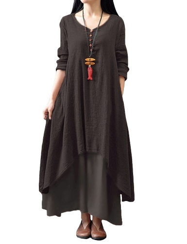 New Fashion Women Casual Loose Dress Solid Long Sleeve Boho Long Maxi Dress