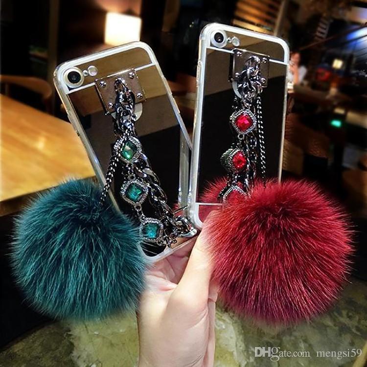 For Samsung galaxy note 4 5 8 A5 A7 A8 2018 Luxury Fashion Diamond Bracelet chain Fox soft pompom fur ball mirror case cover