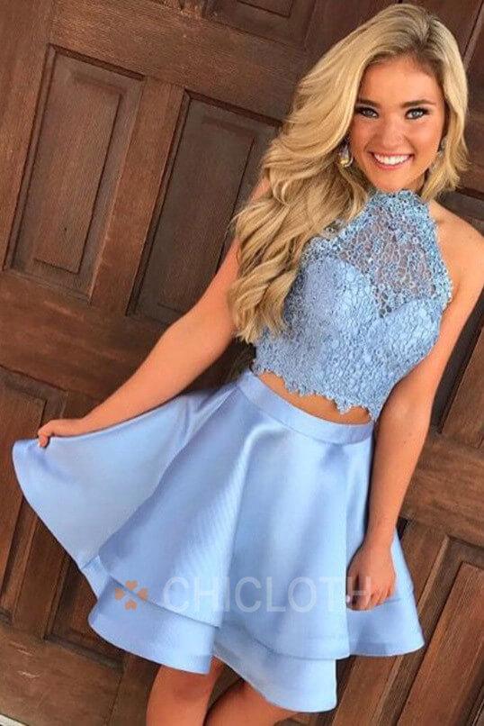 Two Piece Round Neck Short Tiered Satin Homecoming Dress with Lace-Cheap Casual Dresses