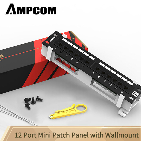 ampcom 12-port cat6a / cat6/ cat5e utp mini patch panel with wallmount bracket included black