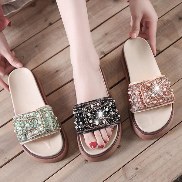 Glitter crystal bow-knot pearl studs muffins sandals women thicken open toe platform slippers rhinestone bordered flat sandalias