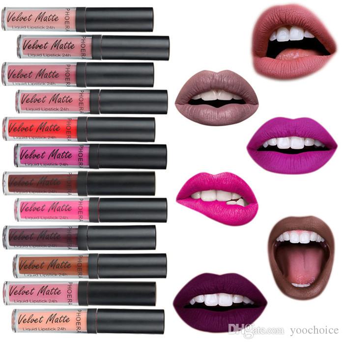 PHOERA 12 Colors Liquid Lipstick Make Up Matte Velvet Lipgloss Waterproof Easywear Batoms Levre Lip Tint Makeup Women Lip Gloss 60pcs