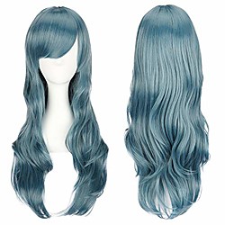 colorfulpanda charming long wavy full hair wigs with bangs mixed blue synthetic wigs for women girl costume anime cospla party fancy dress(blue grey)