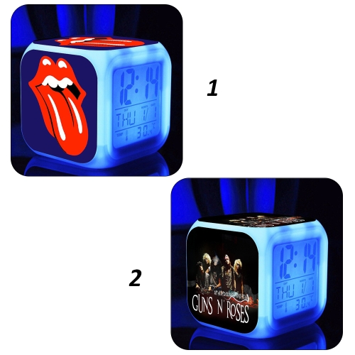 7 Changing Colors Multi-function LED Digital Alarm Clock Cube Glowing in the Dark Home Decor Famous Rock Band Girls Boys Style