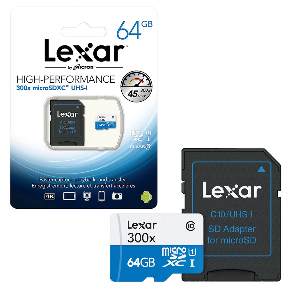 Lexar Micro SD SDXC Memory Card Class 10 UHS-1 45 MB/s with Full Size SD Card Adapter - 64GB