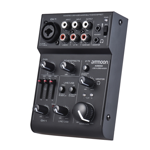 ammoon AGE03 5-Kanal Mini Mic-Line Mischpult Mixer mit USB Audio Interface Eingebauter Echo Effekt USB Powered für die Aufnahme von DJ Network Live Broadcasting Karaoke
