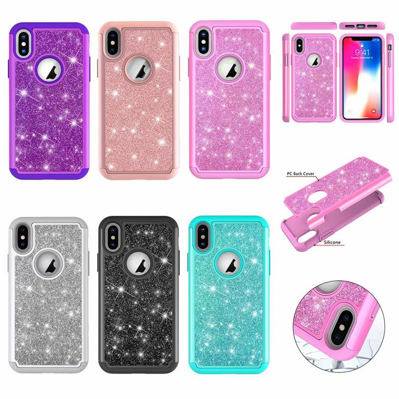 2 in 1 Bling Glitter Shockproof Soft Silicone+PC Cover Case for iphone 11 Pro Max XS XR 8 7 6S Plus Samsung S9 S10 Plus Note 10 Pro A20 A30