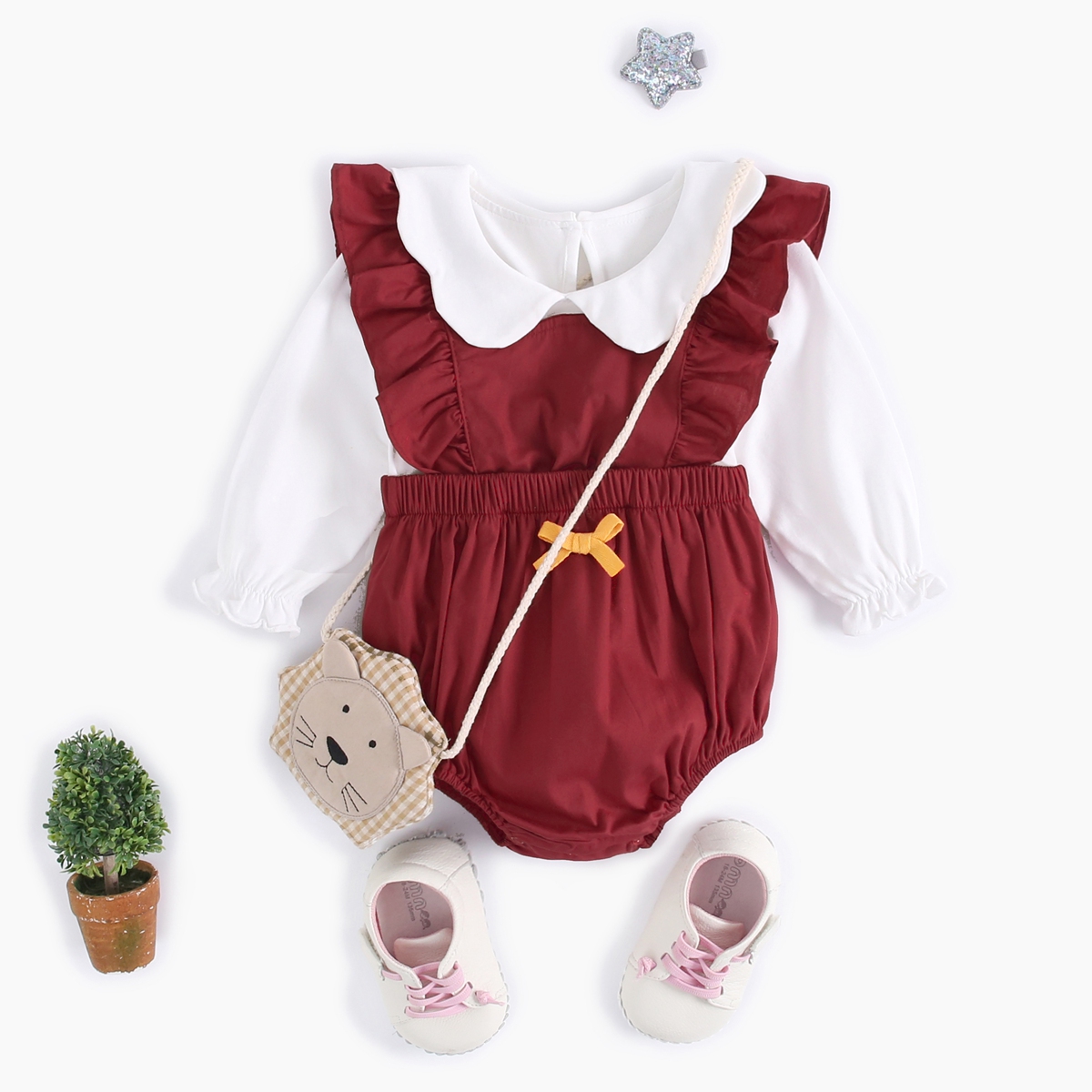 Baby / Toddler Doll Collar Top and Ruffled Bowknot Decor Bodysuit Set