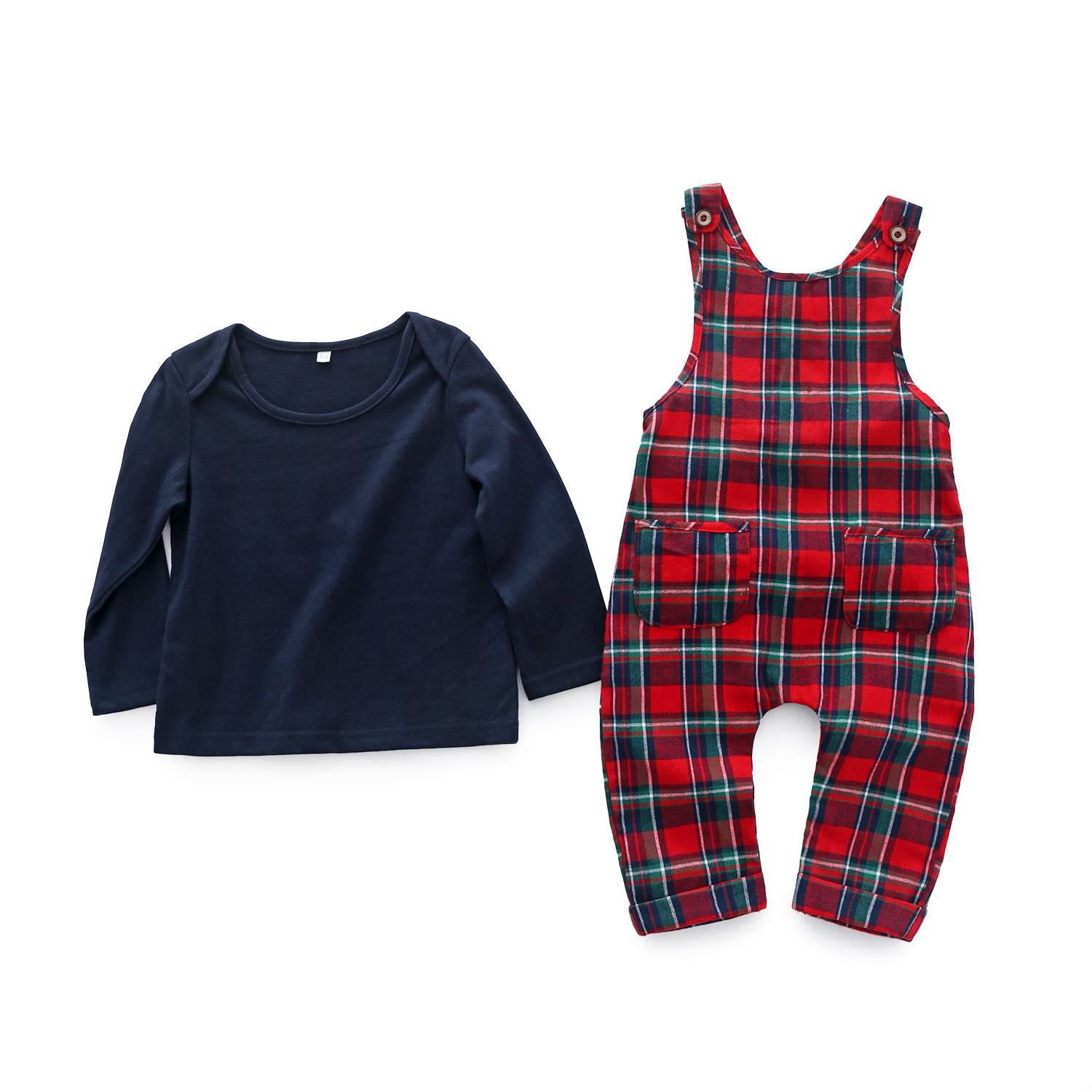 Baby / Toddler Boy Solid Tee  and Plaid Style Overalls Set