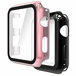 2 packs screen protector cover case compatible with apple watch series 3/2 42mm, 1 pc case pet film  1 soft tpu case all-around overall protective cover, blackrose rold