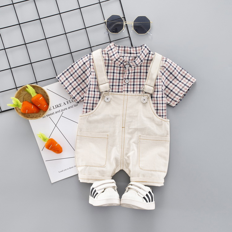 Baby / Toddler Plaid Top and Light Khaki Suspender Shorts Set