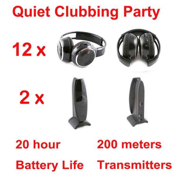 200m Silent Disco complete system black folding wireless headphones - Quiet Clubbing Party Bundle (12 Headphones + 2 Transmitters)