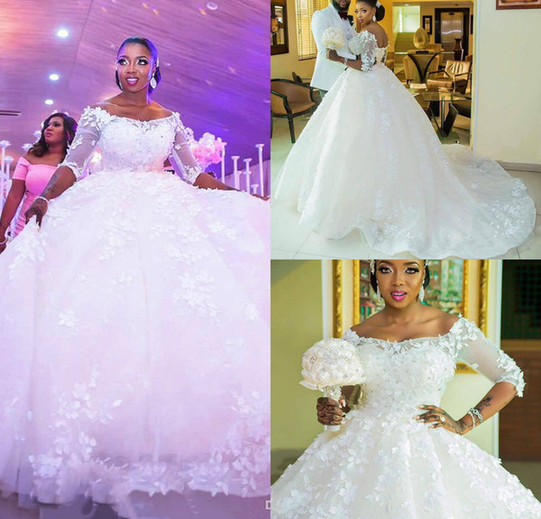 2019 African Arabic Long Sleeves Wedding Dresses 3D Floral Appliques Beads Lace Up Back Country Wedding Dress Plus Size Ball Bridal Gowns