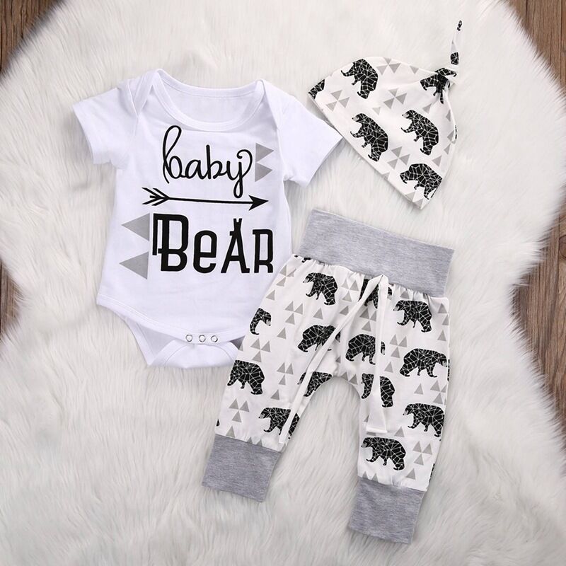 3-piece Baby Boy / Girl BABY BEAR Print Bodysuit and Pants with Hat Set