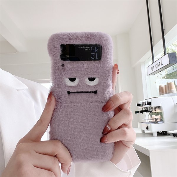 Cute Soft Fluffy Warm Fur Samsung Phone Cases for Z Flip 3 5G 2 1 Cartoon Funny Expression Design Protective Case Hard Cover Winter Gift