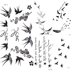5 pièces hirondelle oiseau plume temporaire autocollants fleur branche lettre transfert d'eau tatouage femmes corps poitrine bras art tatouage hommes main Lightinthebox