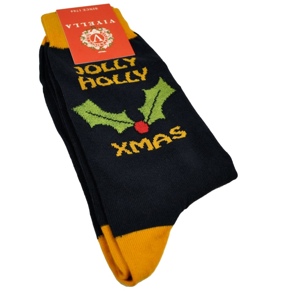 Viyella Jolly Holly Navy Blue Men's Novelty Christmas Socks