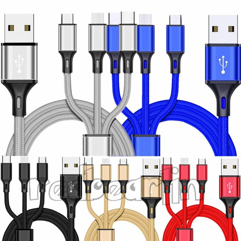 Universal 3 in 1 Alloy Metal House Fabric Type c usb C Micro V8 Usb Cable 1m 2m 3m 1.2M For Samsung S9 S10 Htc Lg android phone