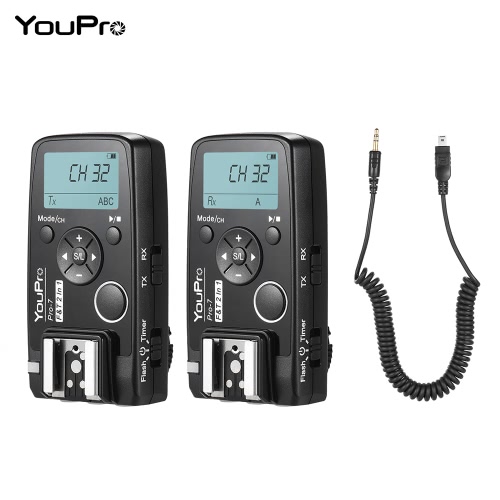 YouPro Pro-7 Wireless Shutter Timer Remote and Flash Trigger 2in1 with DC2 2.5mm PC Sync & Shutter Cable for Nikon D750 D7500 D7200 D7100 D7000 D610 D600 D5500 D5300 D5200 D5100 D3300 D3400 D3500 Camera