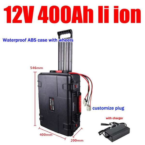 waterproof 12v 400ah lithium ion batteryli ion with bms wheel trolley case for solar inverter caravan boat ups + 20a charger