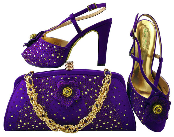beautiful purple women dress shoes match bags series with rhinestones flower decoration african shoes and handbag set mm1040,heel 11cm