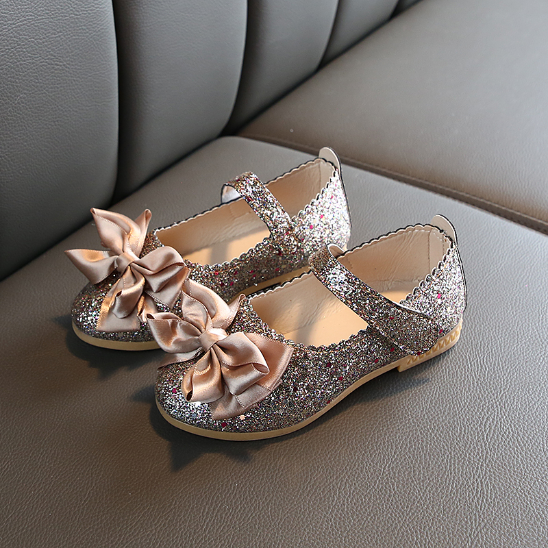 Toddler Elegant Sequined Allover Bowknot Decor Velcro Princess Dancing Mary Jane Shoes