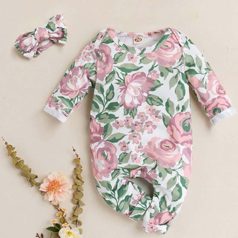 Baby Girl Floral Allover Long-sleeve Jumpsuit and Headband