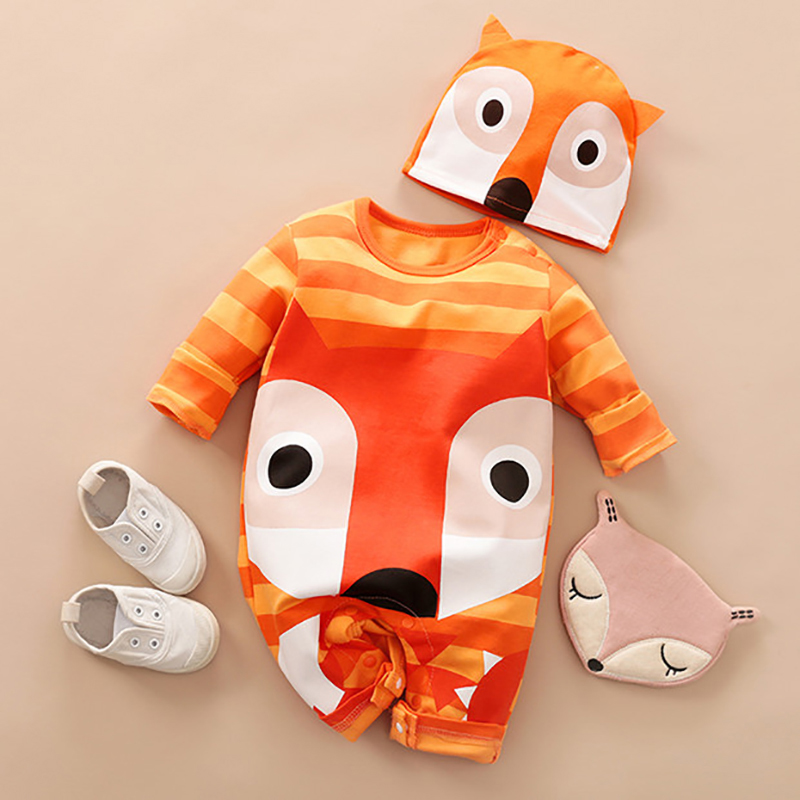 Baby 3D Design Cartoon Style Fox Print Long-sleeve Jumpsuit and a Hat