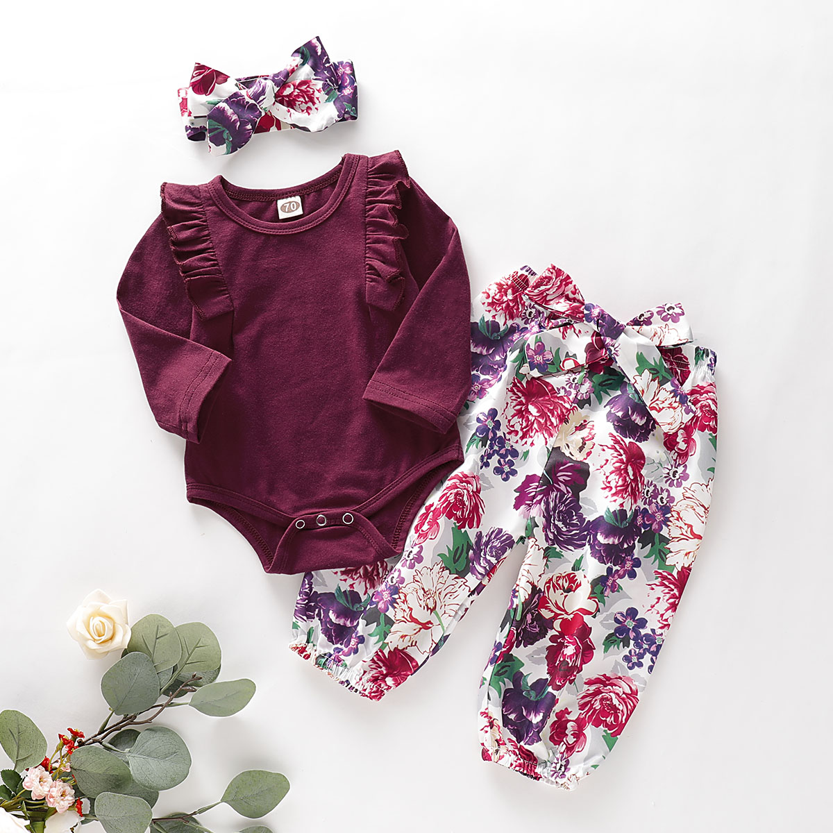 3-piece Baby / Toddler Solid Ruffled Long-sleeve Bodysuit and Floral Allover Pants with Headband Set
