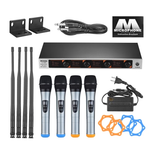 Professional 4 Channel VHF Wireless Handheld Microphone System 4 Microphones 1 Wireless Receiver 6.35mm Audio Cable Power Adapter LCD Display for Karaoke Family Party Presentation Performance Public Address