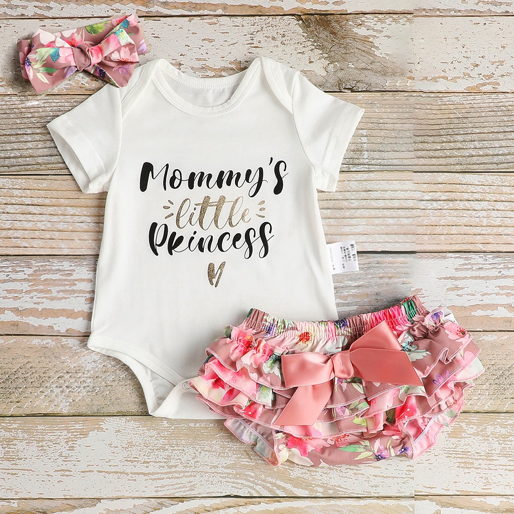 Baby Mommy's Little Princess Bodysuit and Floral Layered Shorts with Headband Set