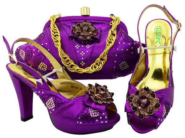 purple lady pumps with rhinestone and big crystal african shoes match handbag set for dress mm1052,heel 11cm