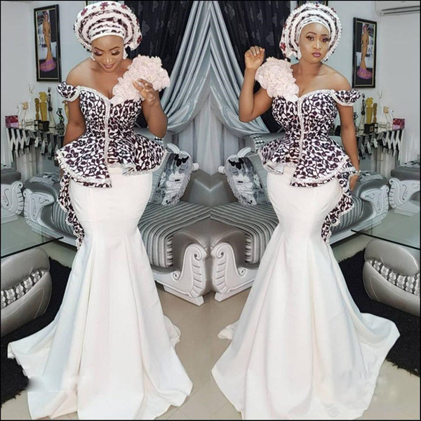 Nigerian Stylish Aso Ebi Mermaid Evening Dresses Sexy Off Shoulder Lace Applique Peplum Dubai Party Dresses Glamorous Satin long prom dress