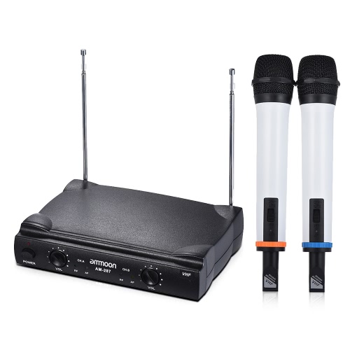 ammoon Dual Channel VHF Wireless Handheld Microphone System 2 Mics 1 Receiver 6.35mm Audio Cable for Karaoke Family Party Performance Presentation Public Address