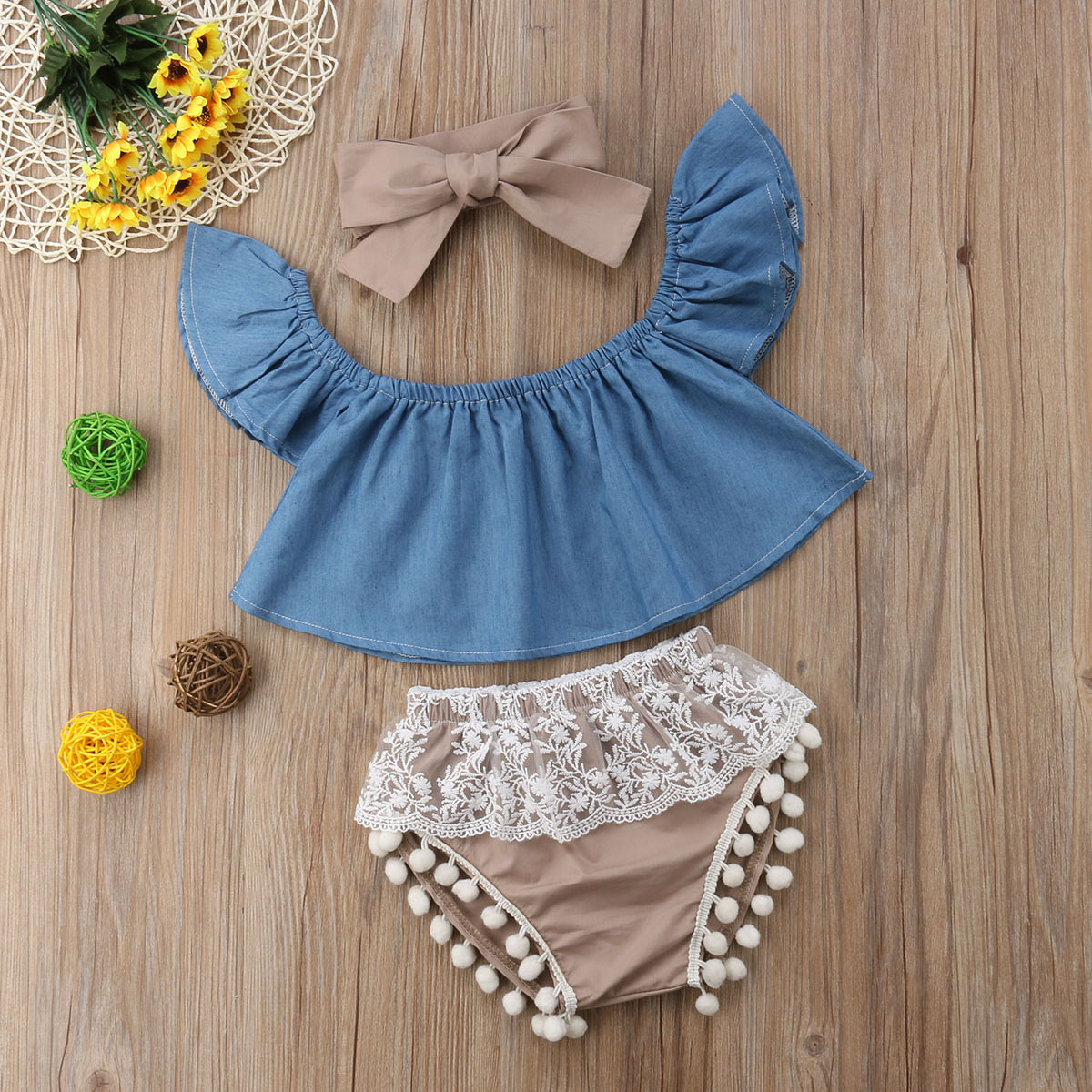 3-piece Baby Girl Denim Flutter-Sleeve Top and Lace Pompon Decor Shorts with Headband Set