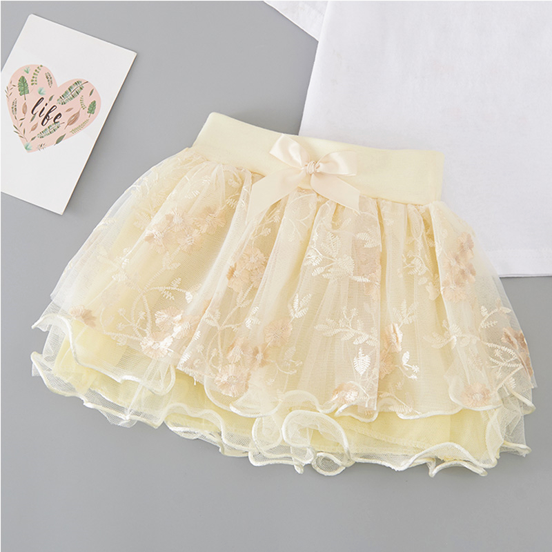 Sweet Flower leaf Embroidered Flounced Bow Decor Irregular Tulle Skirt for Girls