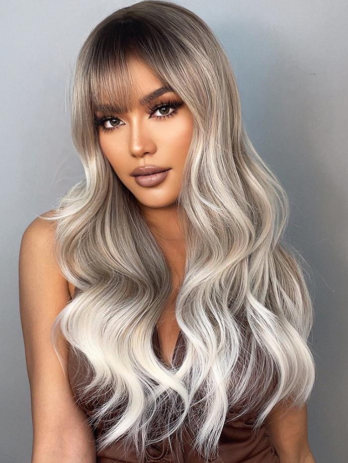 zaful Brown Gradient White Long Wavy See-through Bang Synthetic Wig