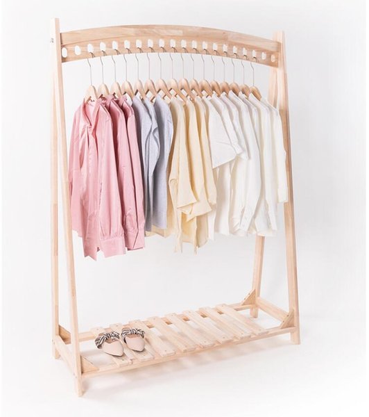 Creative solid wood floor hanger multi hole bedroom clothing store display rack show double hanging central shelf