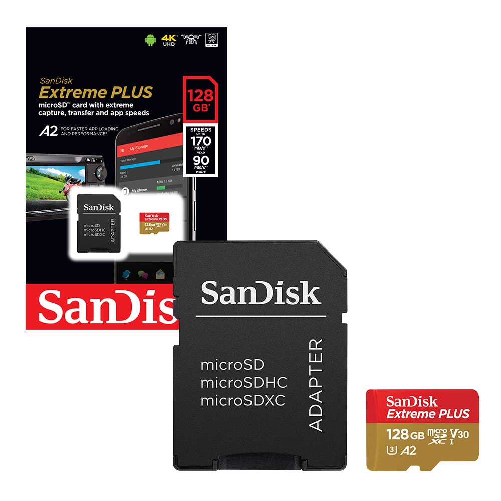 SanDisk Extreme Plus Micro SD SDXC Memory Card Class 10 UHS-1 U3 UHD 4K A2 V30 170MB/s with SD Card Adapter - 128GB