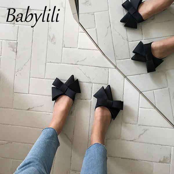Women's Shoes Bow Tie Korean Silk Satin Pointed Slippers 2020 Spring and Summer Beach Slides Baotou Flat Heel Sets Semi Slippers