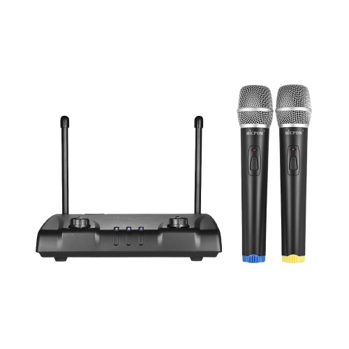 MICPOW W-10 VHF Dual Channel Wireless Microphone Mic System with 2 Handheld Microphones + 1 Receiver for Karaoke Classroom Teaching Home Entertainment