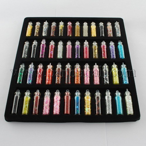 Pendants or Nail Care Decoration Accessories, with Paillette Beads, Caviar Nail Beads, Polymer Clay Beads, and Rhinestone Cabochons in Glass Bottles, Mixed Color, 41x11x11mm, Hole: 2mm