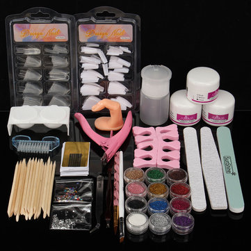 Acrylic Powder Glitter Nail Art Tools Kit Nails Brush False Finger Pump Set