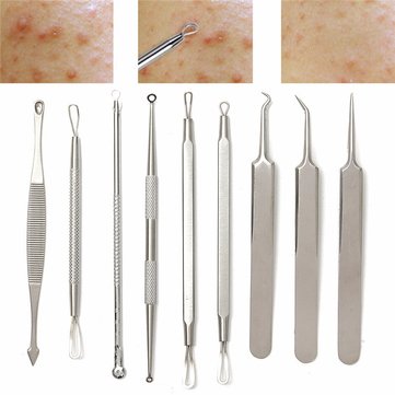9Pcs Stainless Steel Multipurpose Pimples Acne Blackhead Remover Cleansing Tool Kit