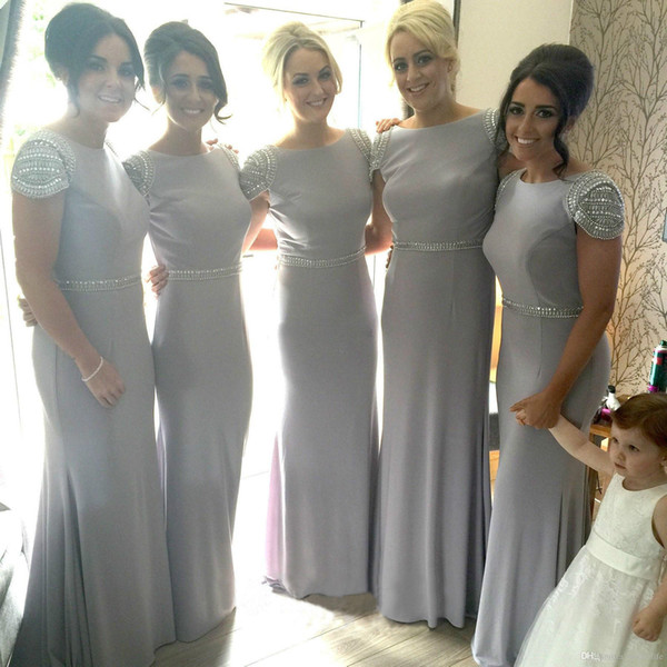 Long Gray Bridesmaid Dresses Cap Sleeve Beadings Waist Floor Length Sheath Girls Party Gowns Wedding Guest Dress Custom Size