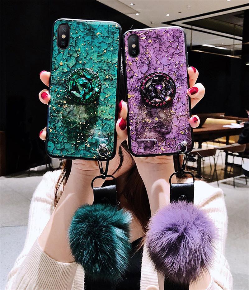 Luxury Epoxy Shiny Phone Case For Iphone X XR XS MAX 7 8 Samsung S10 Note9 J4 2018 With Hairball Airbag diamond bracket