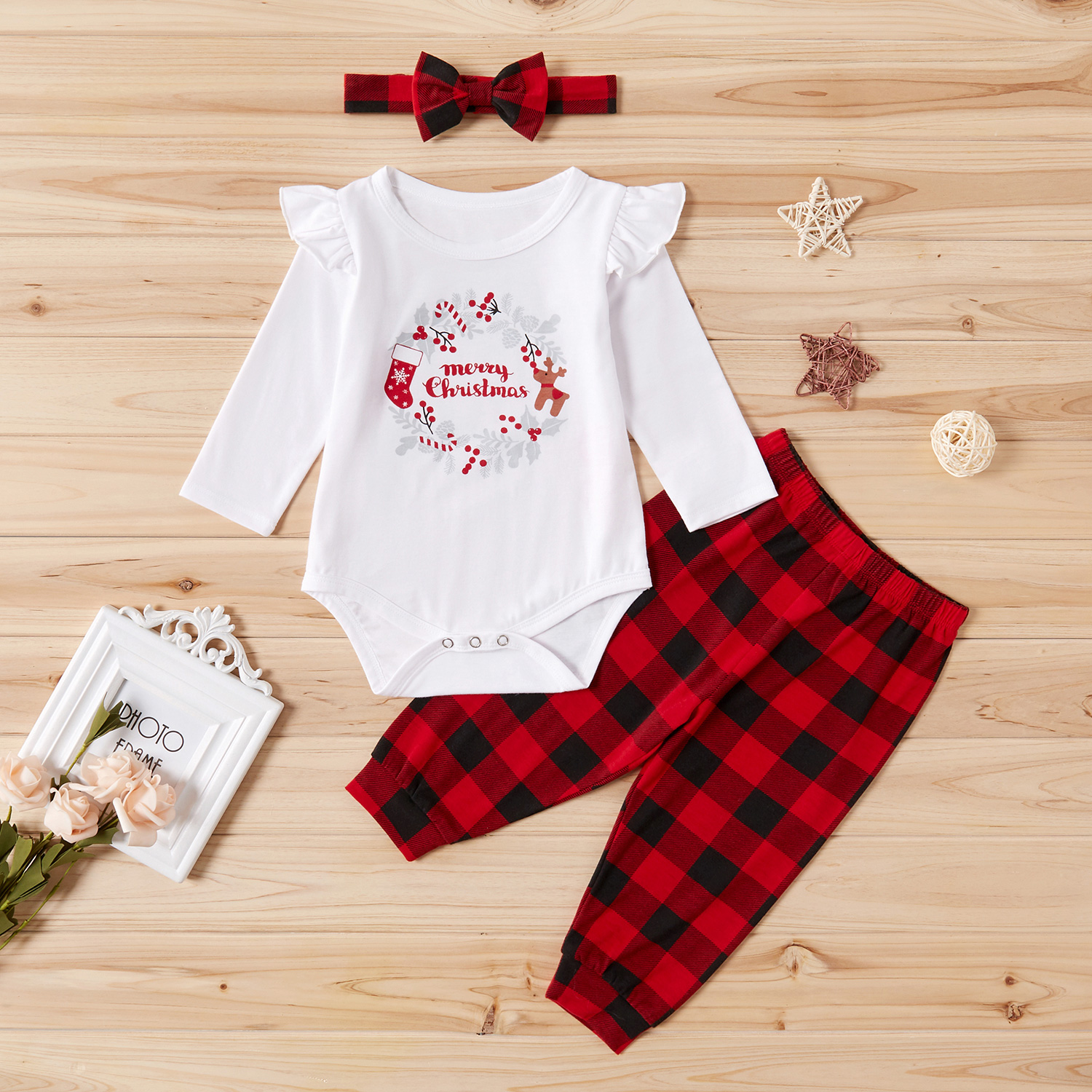 3-piece Baby / Toddler Christmas Ruffled Bodysuit and Plaid Pants with Headband Set